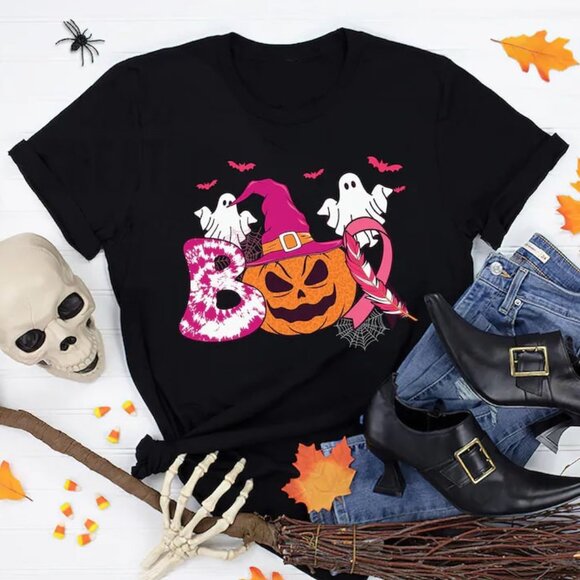 Tops - Breast Cancer Awareness Halloween Pumpkin Tshirt, In October We Wear Pink Shirt